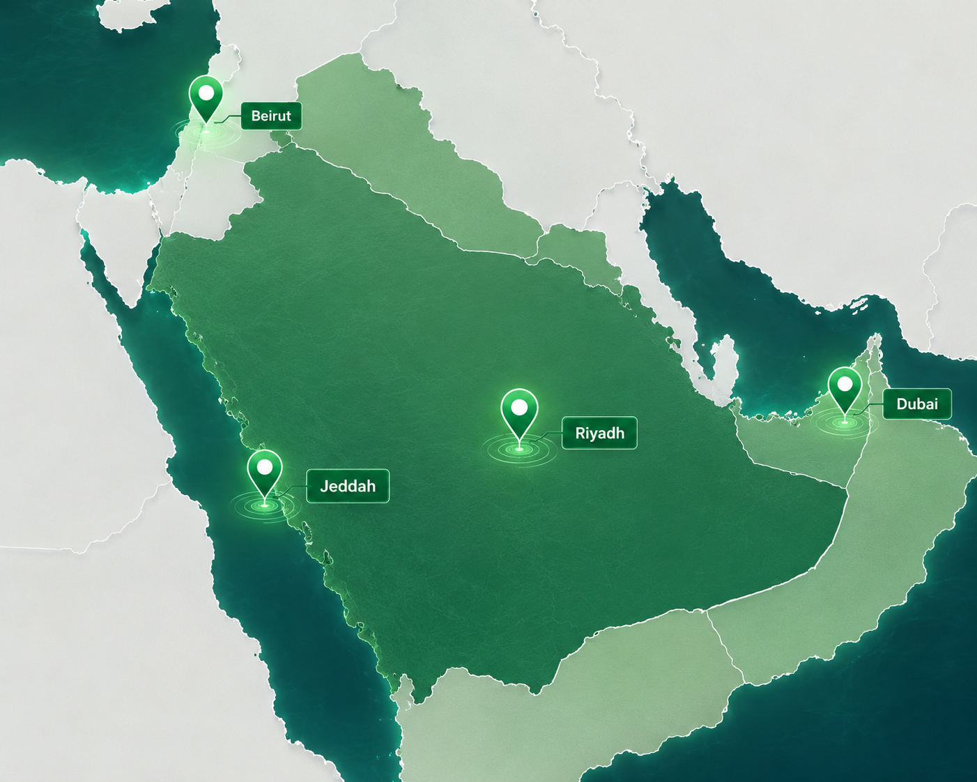 Map showing Bottom Line offices across Saudi Arabia, the UAE, and Lebanon